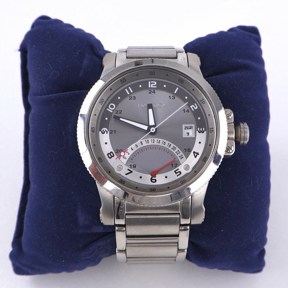 Nautica GMT Watch A16002G Grey Retrograde Date New with Box Stainless Steel - Picture 4 of 8
